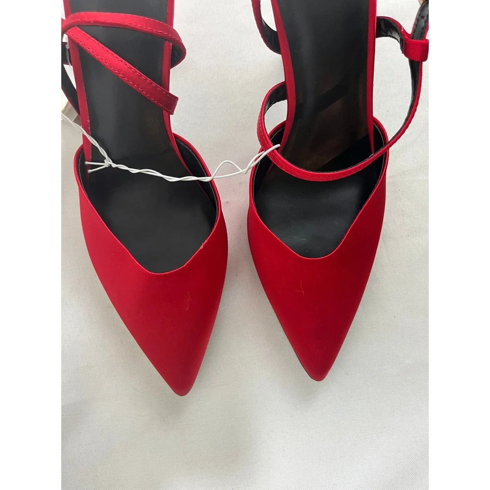 A‎ New Day Womens Red Satin Pointed Toe Mary Jane Stiletto Heels Size 7 NWT